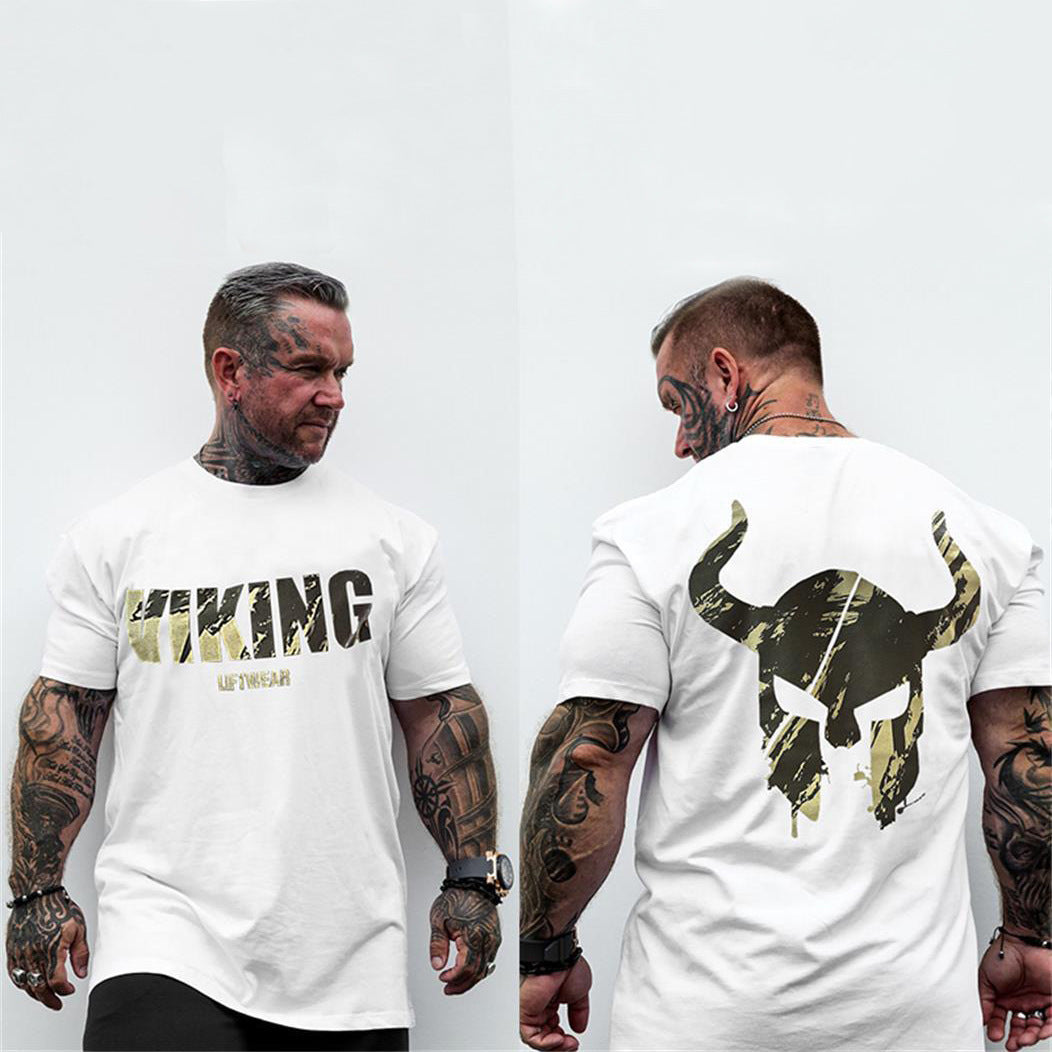 2025Muscle Brothers new short-sleeved T-shirt cotton men's sports round neck short-sleeved spring and summer fitness on one generation