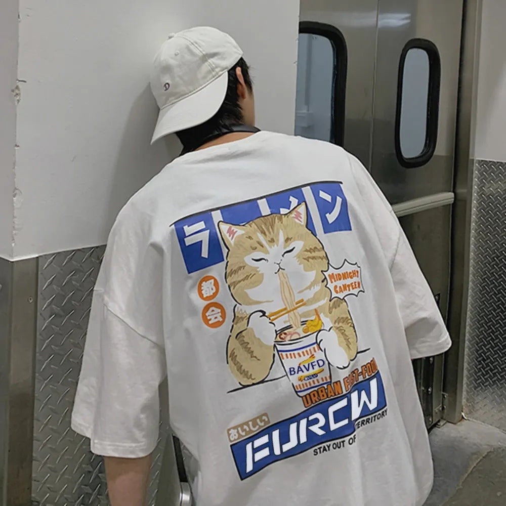 Cat cartoon pattern men's T-shirt casual loose short-sleeved T-shirt Japanese T-shirt men's trendy brand printed cotton