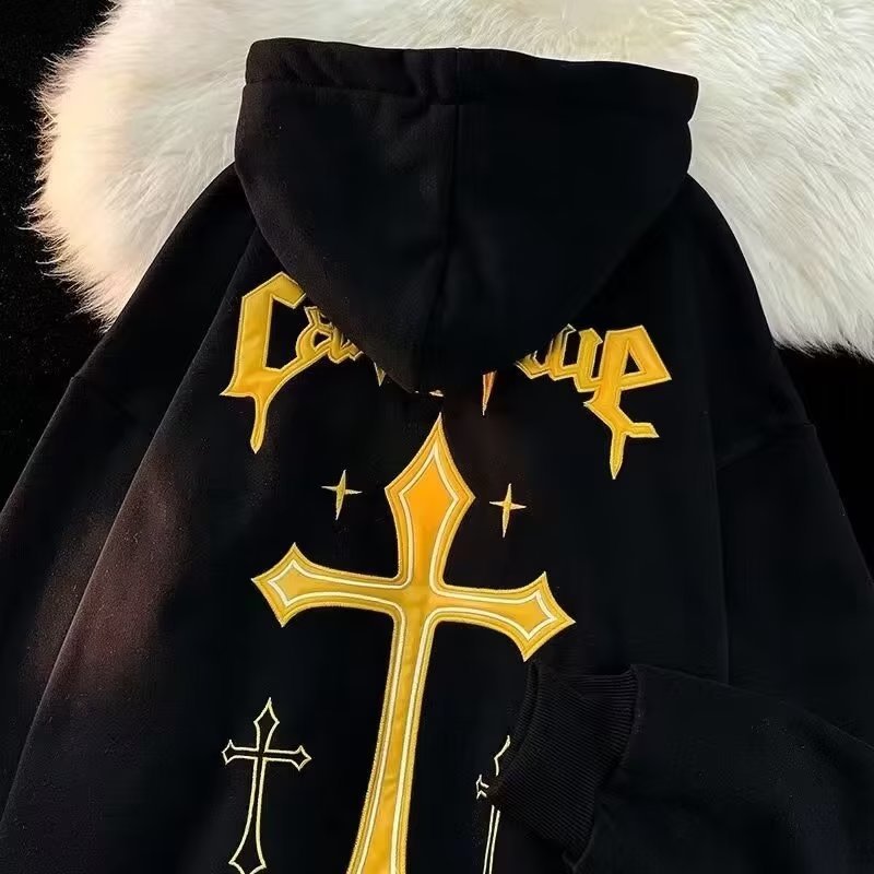 American-style European and American hooded sweater men's 2025youth fashion men's casual plus velvet print winter pullover top