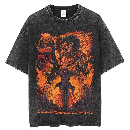 Retro washed T-shirt 220g heavy double yarn pure cotton large size high street European and American summer men's tops Attack on Titan