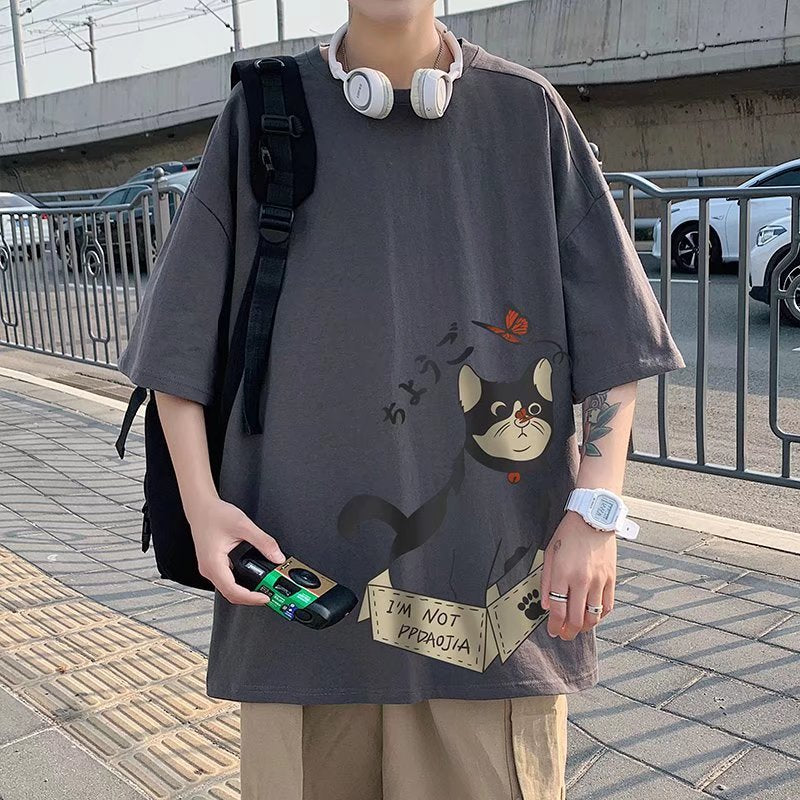 Fat man Japanese cartoon short-sleeved men's t-shirt Hong Kong style oversized loose top Korean version of the tide brand summer cotton half-sleeved