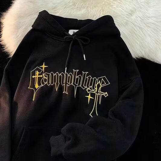 American-style European and American hooded sweater men's 2025youth fashion men's casual plus velvet print winter pullover top