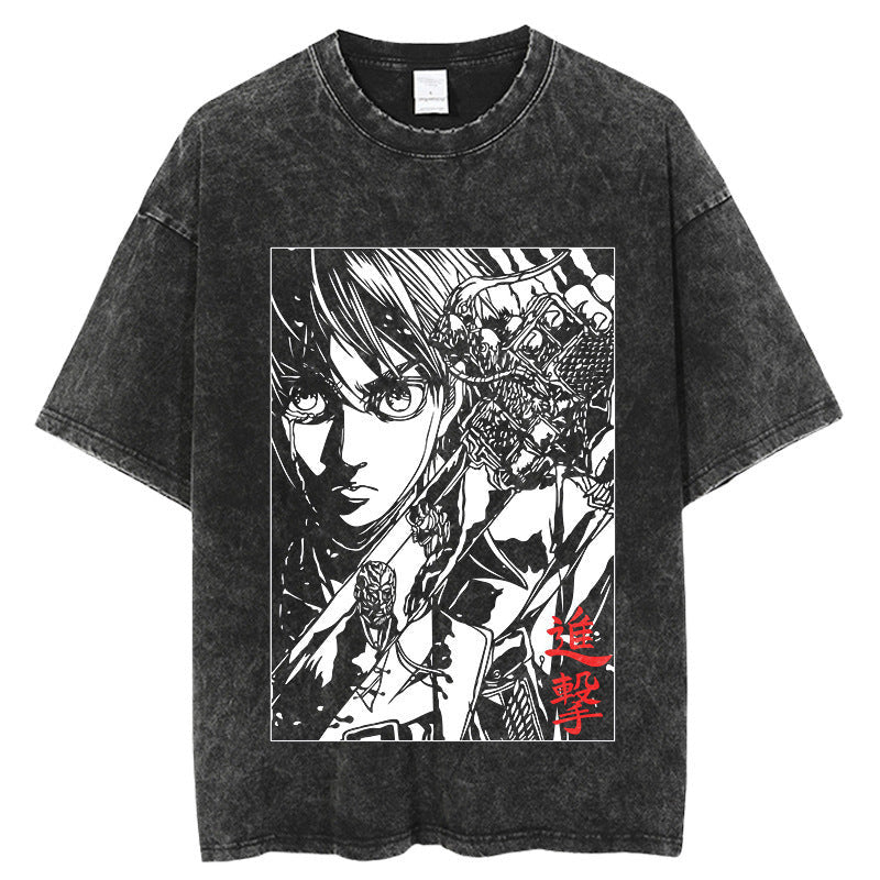 Retro washed T-shirt 220g heavy double yarn pure cotton large size high street European and American summer men's tops Attack on Titan
