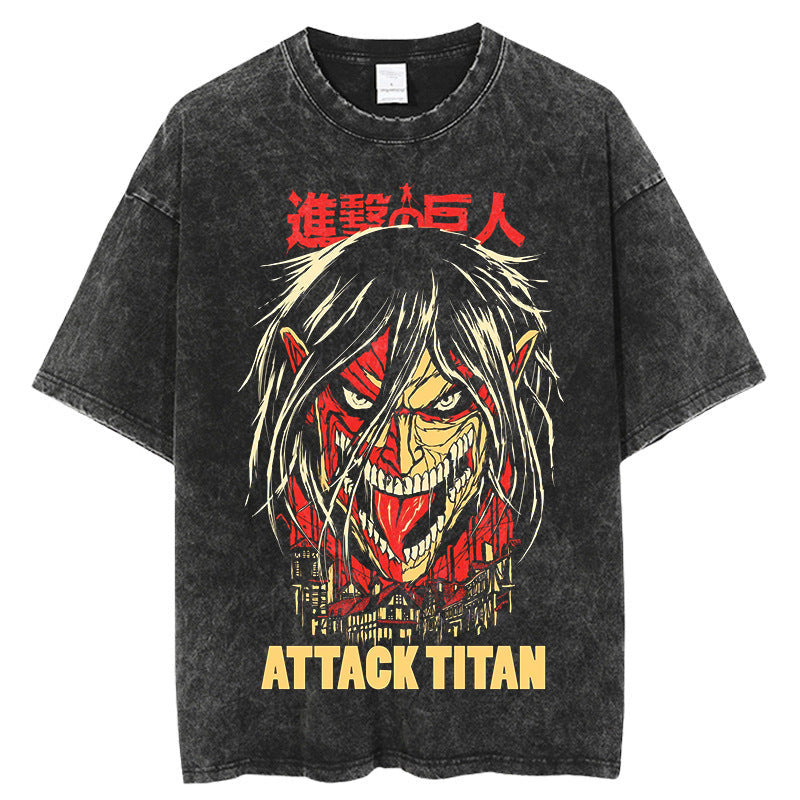 Retro washed T-shirt 220g heavy double yarn pure cotton large size high street European and American summer men's tops Attack on Titan