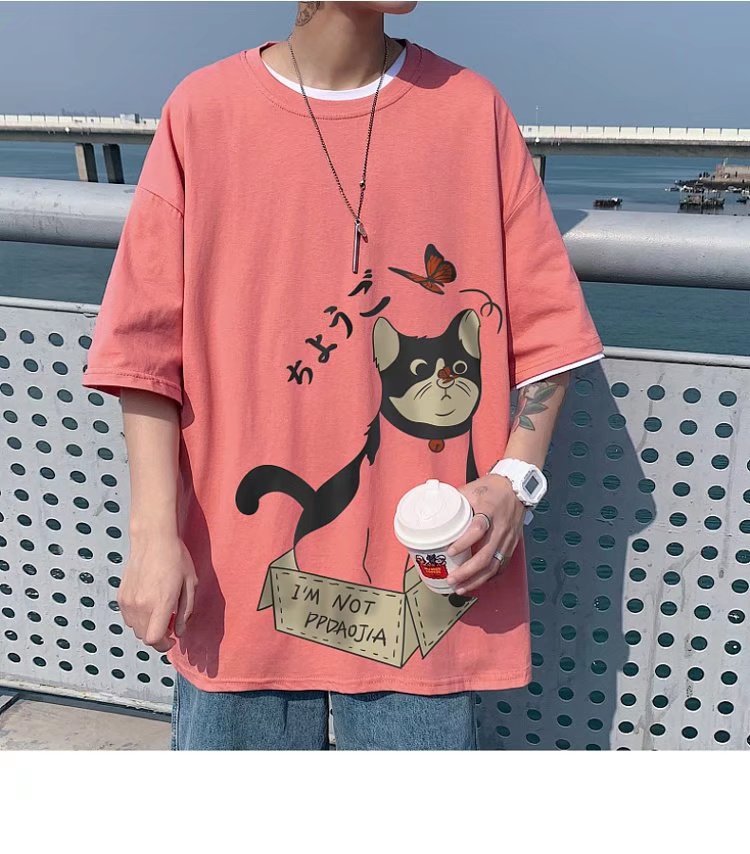 Fat man Japanese cartoon short-sleeved men's t-shirt Hong Kong style oversized loose top Korean version of the tide brand summer cotton half-sleeved