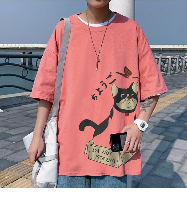 Fat man Japanese cartoon short-sleeved men's t-shirt Hong Kong style oversized loose top Korean version of the tide brand summer cotton half-sleeved