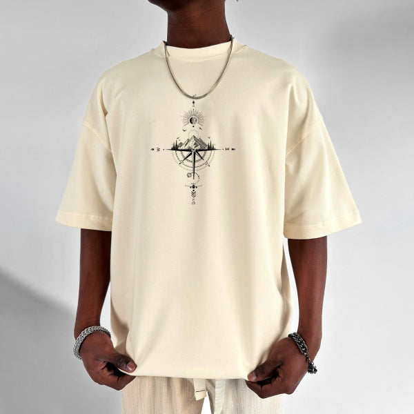 Cross-border European and American size sun, moon, stars and ocean print street fashion casual T-shirts in stock
