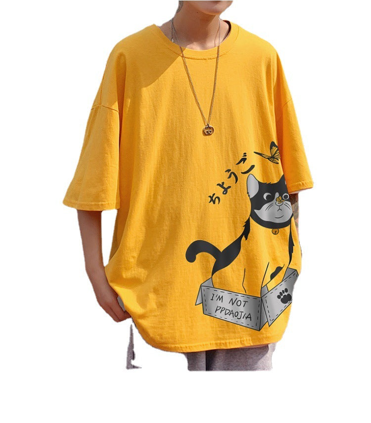 Fat man Japanese cartoon short-sleeved men's t-shirt Hong Kong style oversized loose top Korean version of the tide brand summer cotton half-sleeved