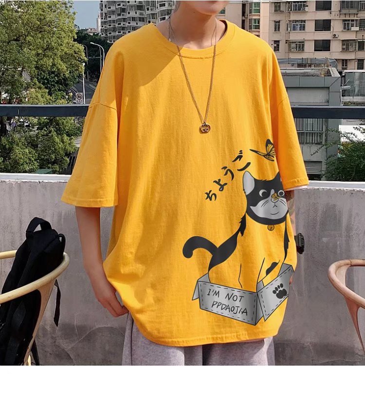 Fat man Japanese cartoon short-sleeved men's t-shirt Hong Kong style oversized loose top Korean version of the tide brand summer cotton half-sleeved