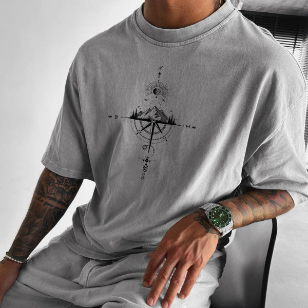 Cross-border European and American size sun, moon, stars and ocean print street fashion casual T-shirts in stock