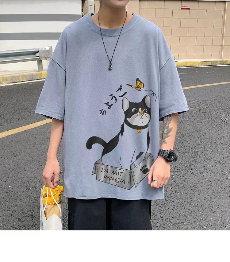 Fat man Japanese cartoon short-sleeved men's t-shirt Hong Kong style oversized loose top Korean version of the tide brand summer cotton half-sleeved
