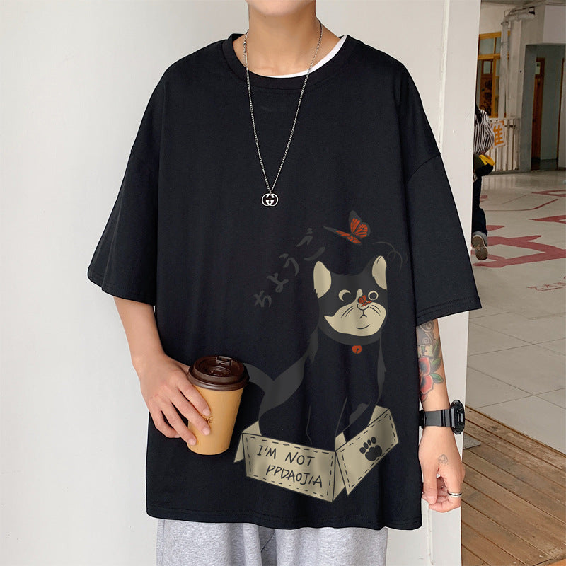 Fat man Japanese cartoon short-sleeved men's t-shirt Hong Kong style oversized loose top Korean version of the tide brand summer cotton half-sleeved