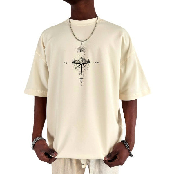Cross-border European and American size sun, moon, stars and ocean print street fashion casual T-shirts in stock