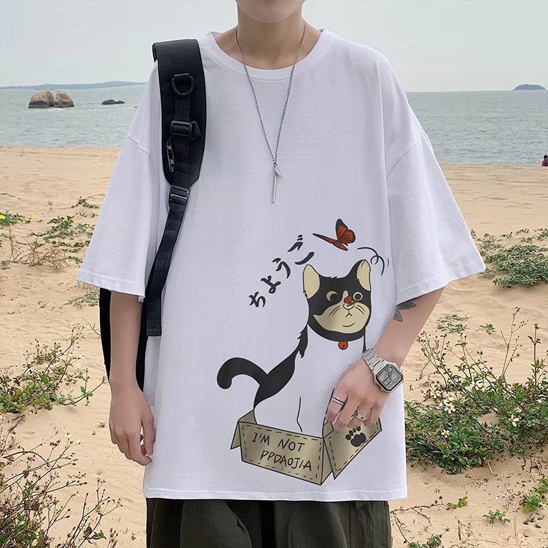 Fat man Japanese cartoon short-sleeved men's t-shirt Hong Kong style oversized loose top Korean version of the tide brand summer cotton half-sleeved
