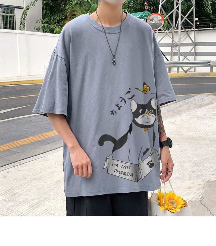 Fat man Japanese cartoon short-sleeved men's t-shirt Hong Kong style oversized loose top Korean version of the tide brand summer cotton half-sleeved